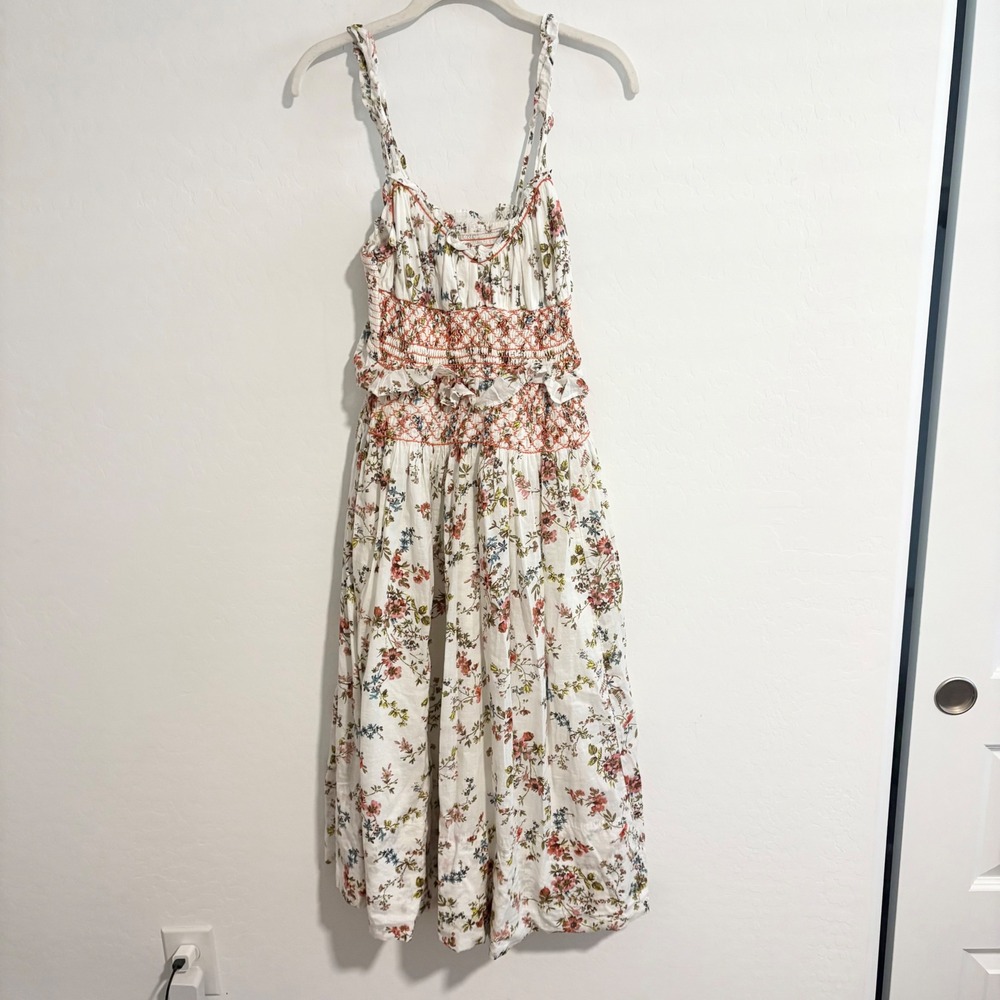 Anthropologie Floral Smocked Midi Dress White Orange Embroidery XS - Picture 3 of 6